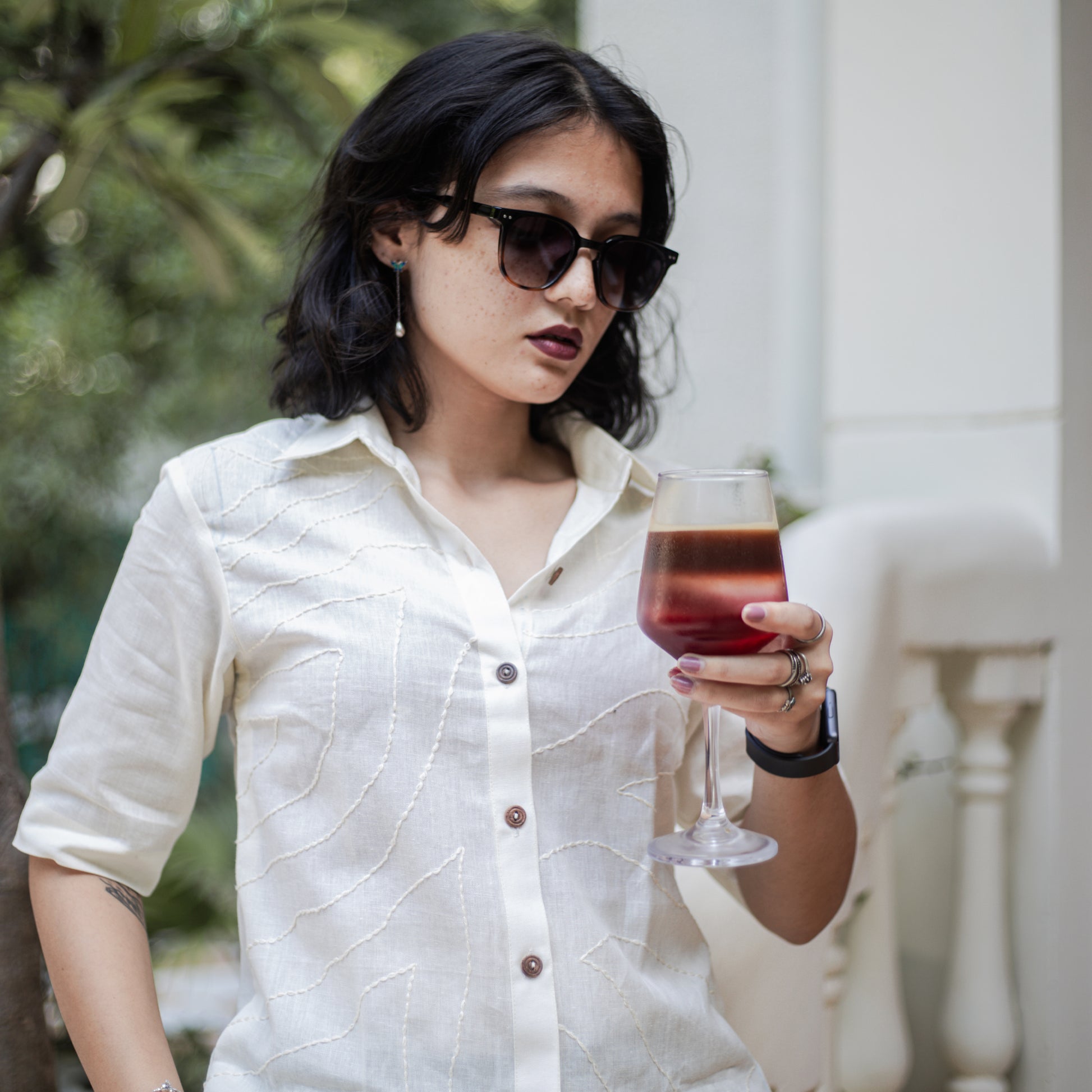 Noor white Kantha-stitched cotton shirt – women’s relaxed fit