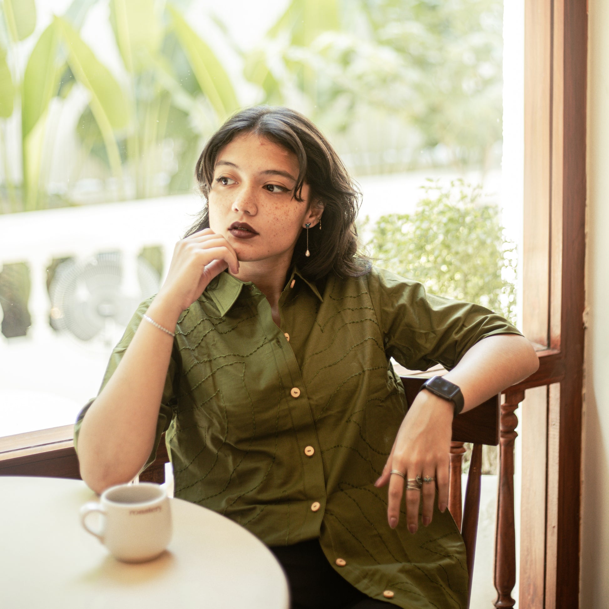 Saanjh Olive Green Kantha-stitched cotton-linen shirt – women’s relaxed fit
