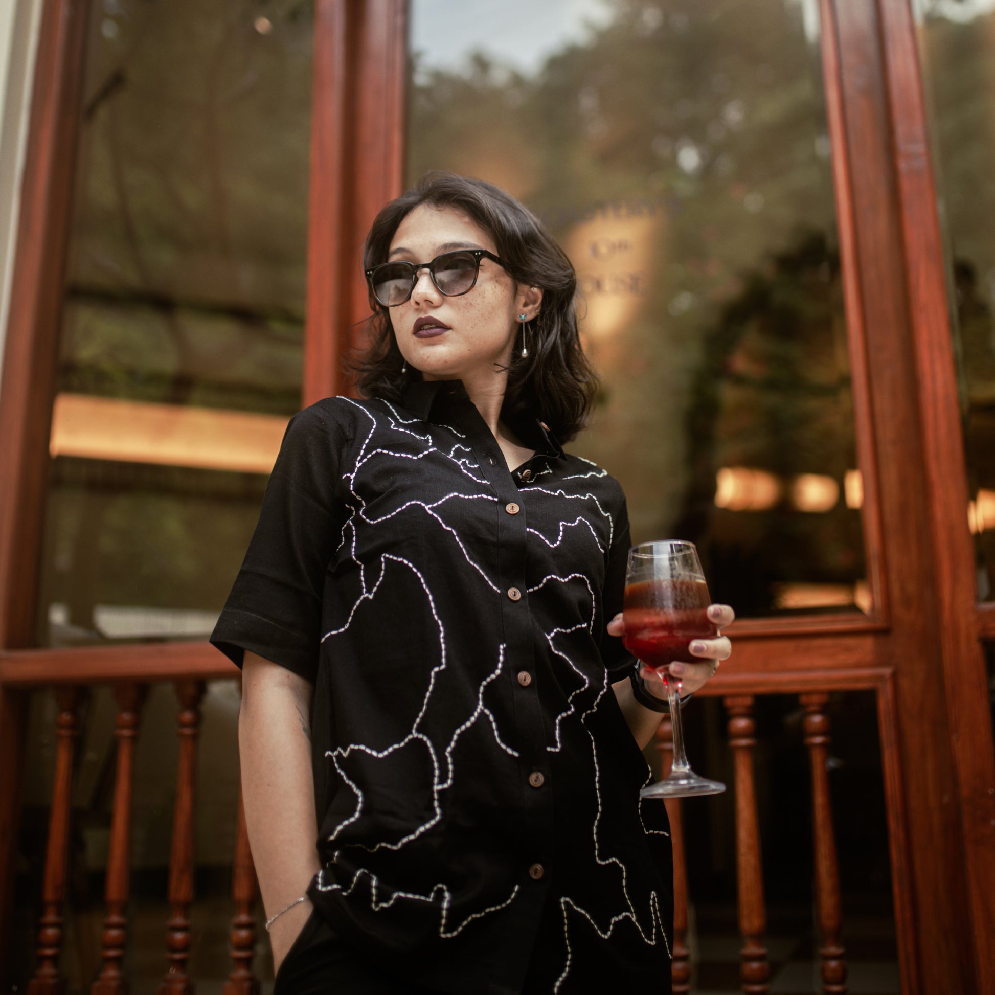 Manchitra Black Kantha-stitched cotton shirt – women’s relaxed fit