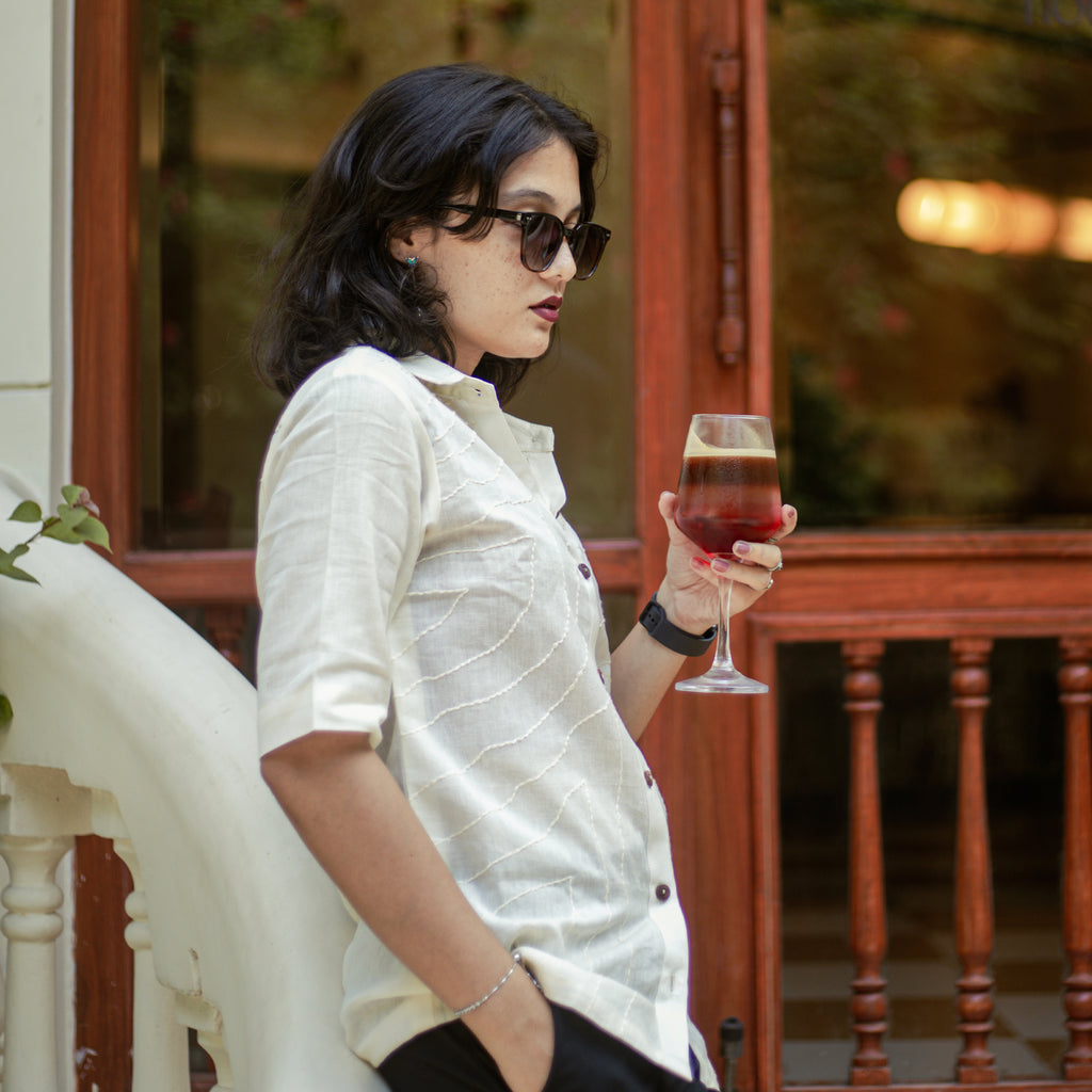 Noor white Kantha-stitched cotton shirt – women’s relaxed fit