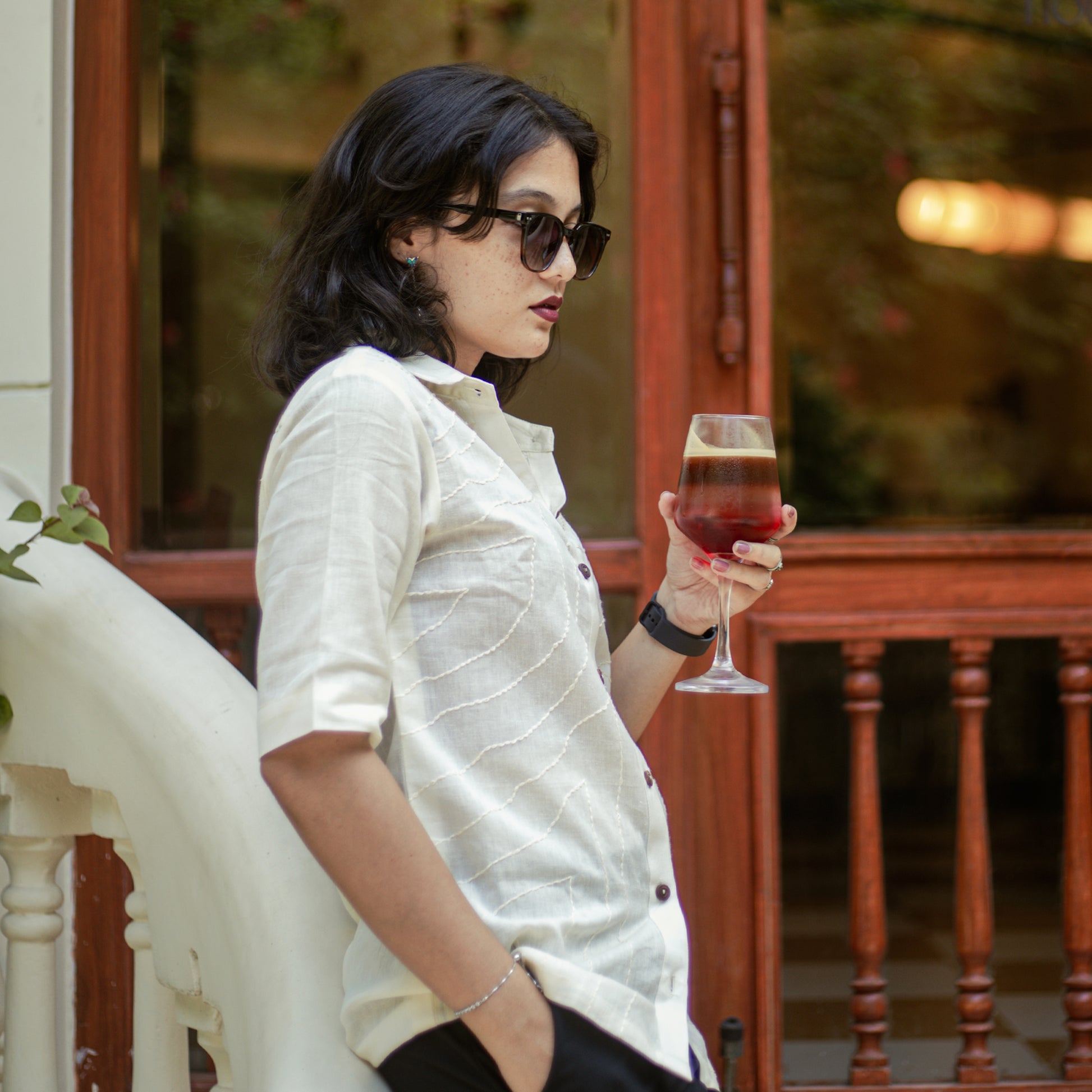 Noor white Kantha-stitched cotton shirt – women’s relaxed fit