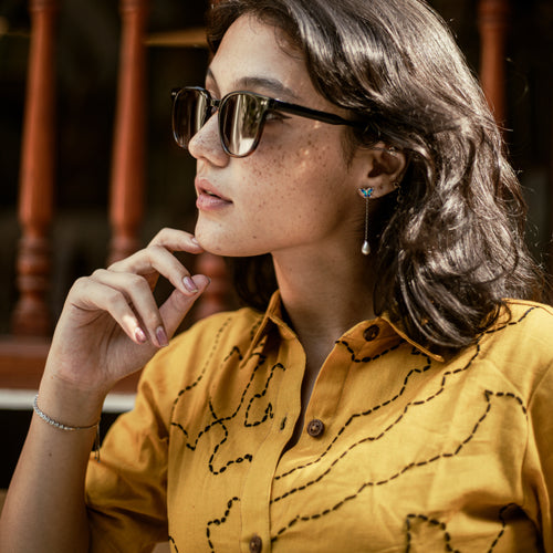 Maati Yellow hand-stitched Kantha cotton shirt – women’s relaxed fit