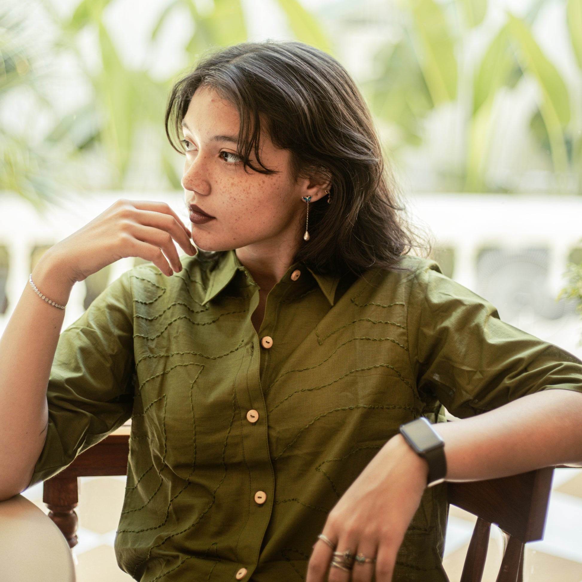 Saanjh Olive Green Kantha-stitched cotton-linen shirt – women’s relaxed fit
