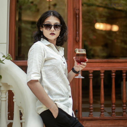 Noor white Kantha-stitched cotton shirt – women’s relaxed fit
