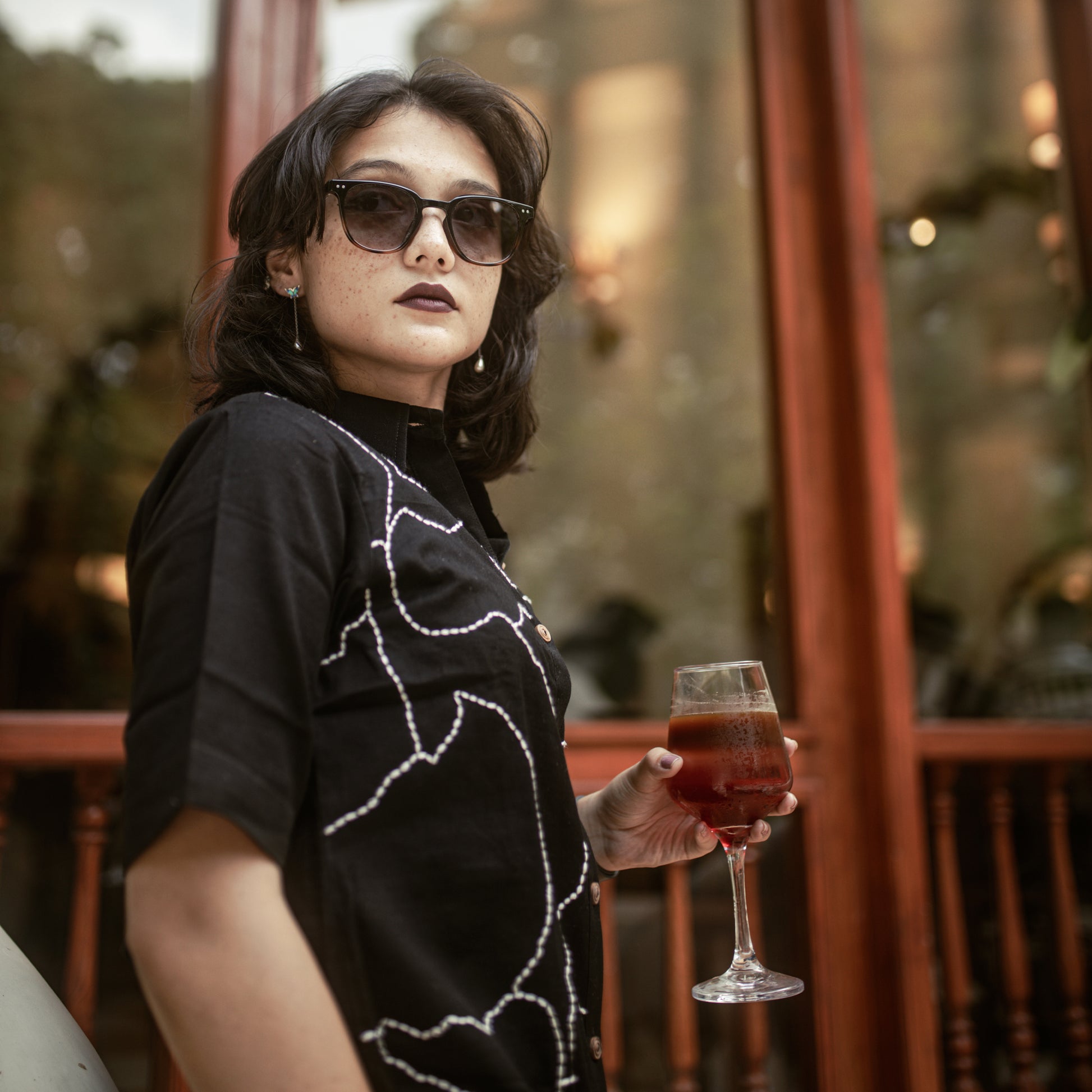 Manchitra Black Kantha-stitched cotton shirt – women’s relaxed fit