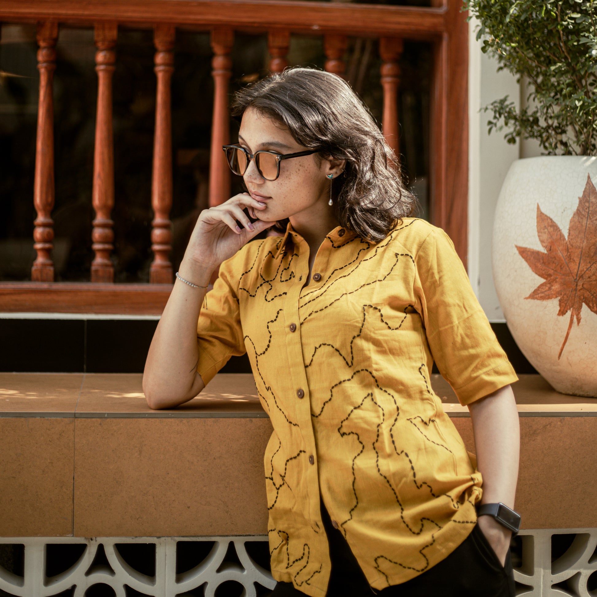 Maati Yellow hand-stitched Kantha cotton shirt – women’s relaxed fit