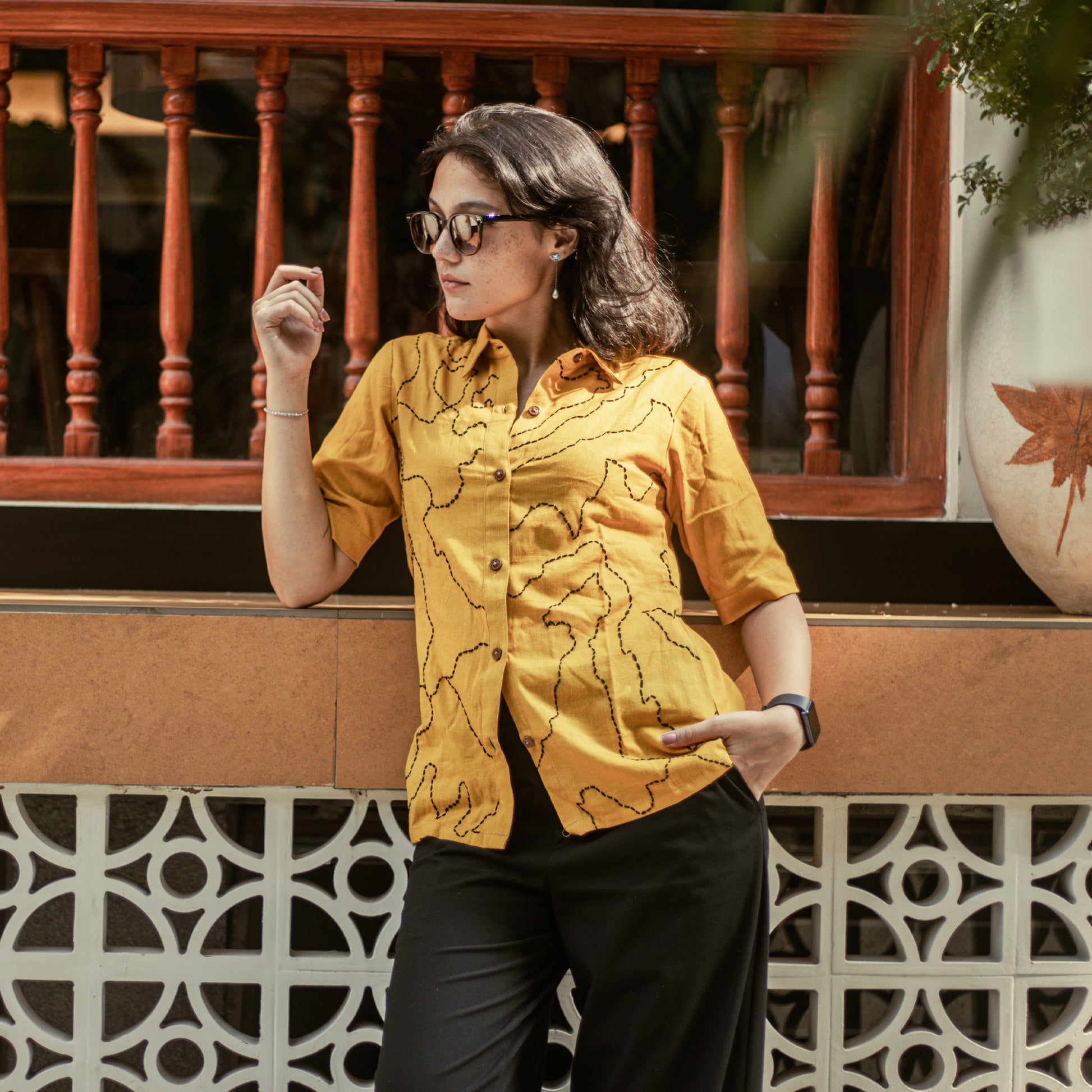 Maati Yellow hand-stitched Kantha cotton shirt – women’s relaxed fit