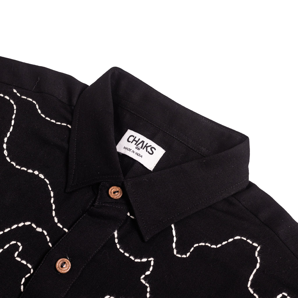 Manchitra Black Kantha-stitched cotton shirt – men’s relaxed fit