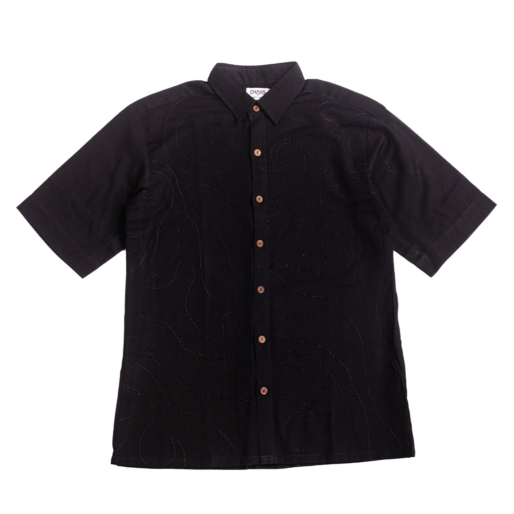 Chhaya Black Kantha-stitched cotton-linen shirt – men’s relaxed fit
