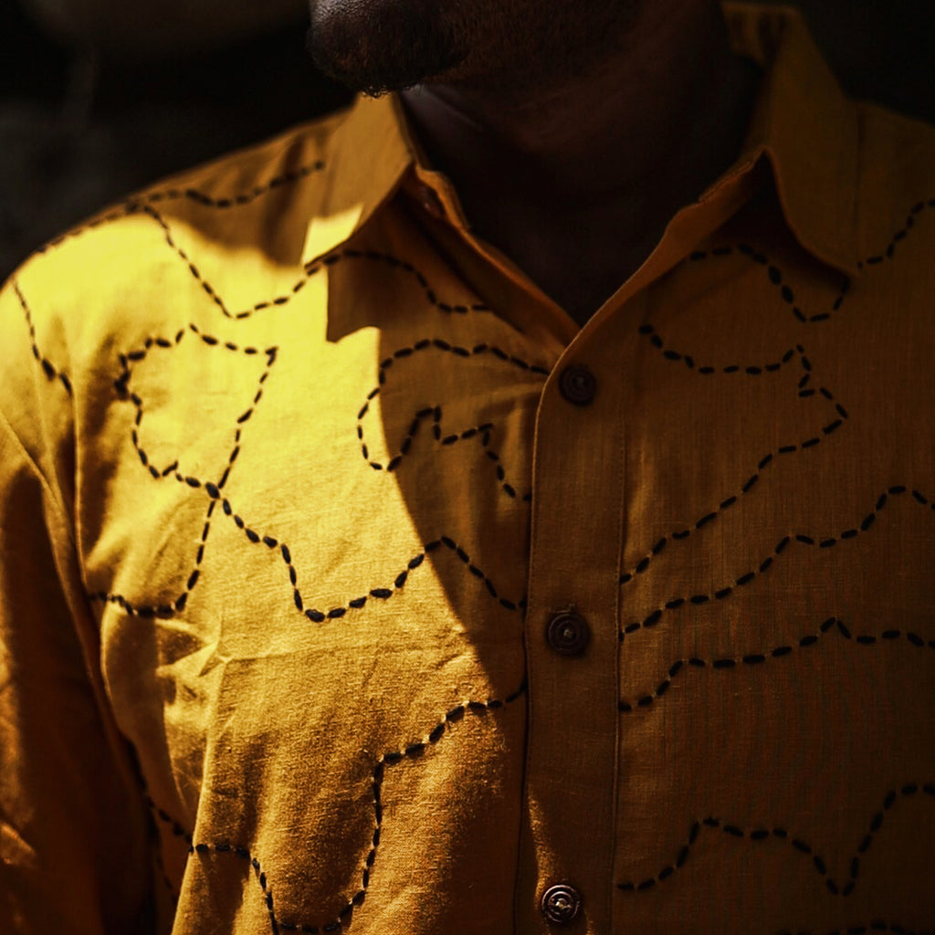 Maati Yellow hand-stitched Kantha cotton shirt – men’s relaxed fit