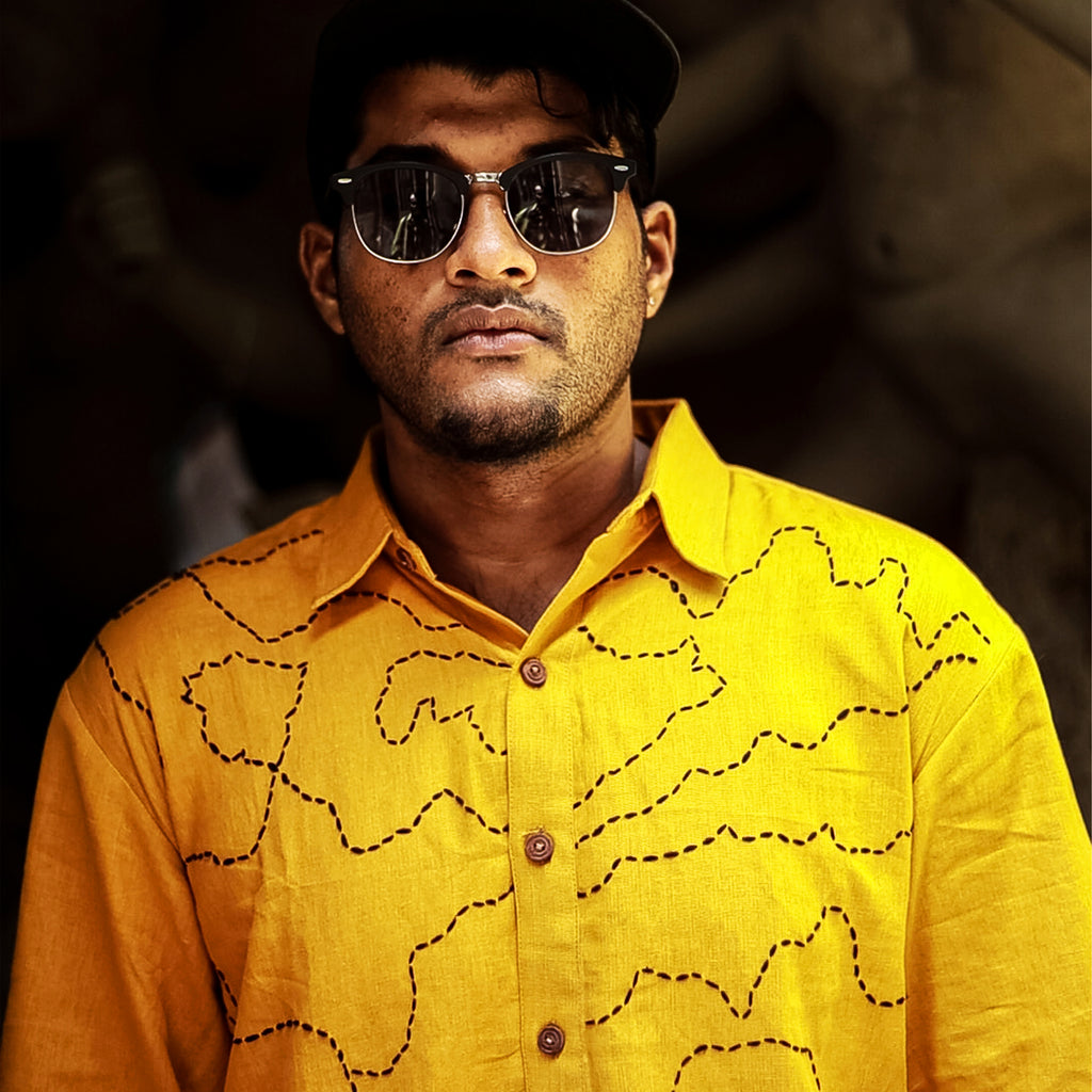 Maati Yellow hand-stitched Kantha cotton shirt – men’s relaxed fit
