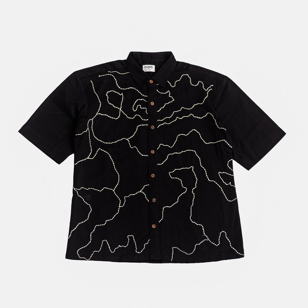 Manchitra Black Kantha-stitched cotton shirt – men’s relaxed fit
