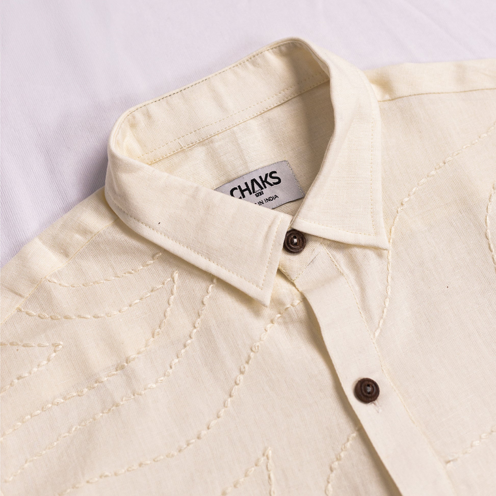 Noor white Kantha-stitched cotton shirt – men’s relaxed fit