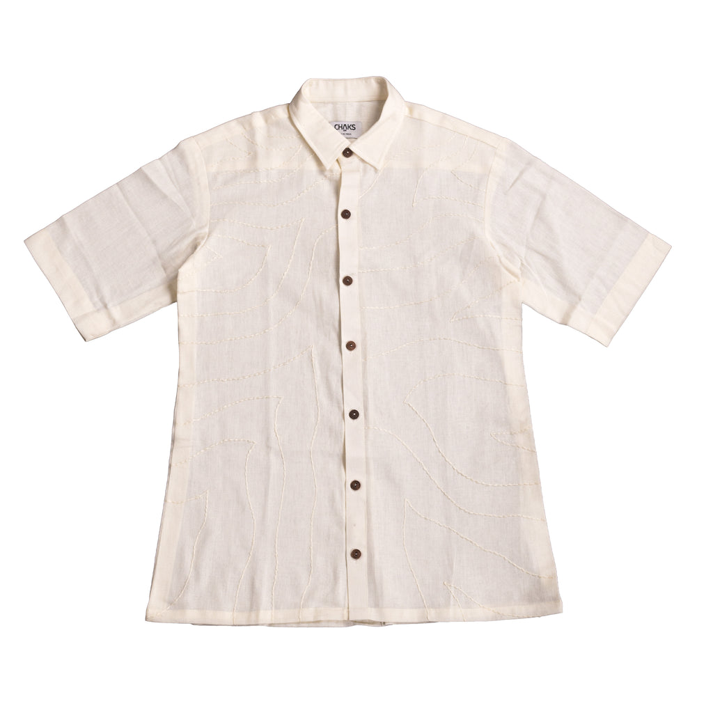 Noor white Kantha-stitched cotton shirt – women’s relaxed fit