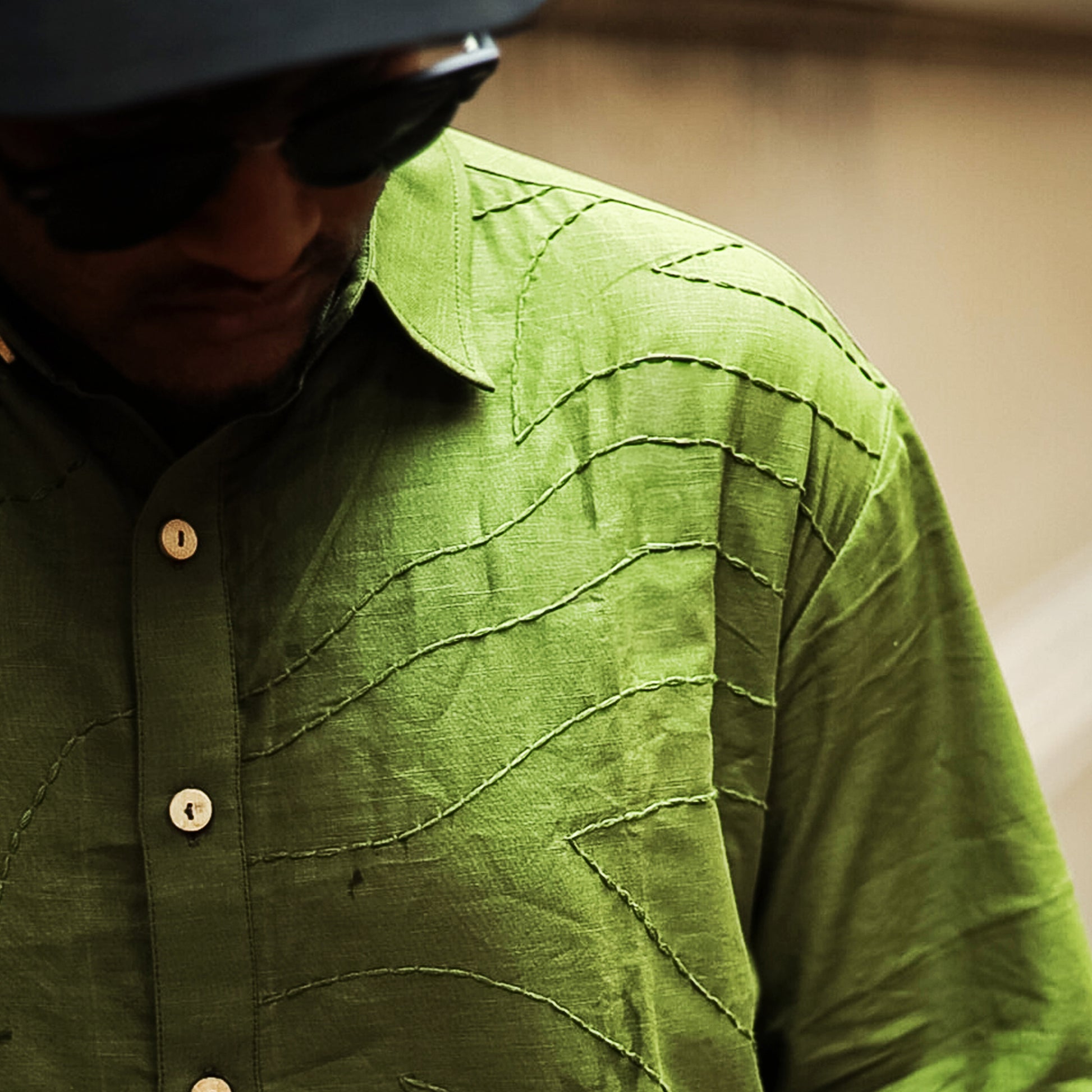 Saanjh Olive Green Kantha-stitched cotton-linen shirt – men’s relaxed fit