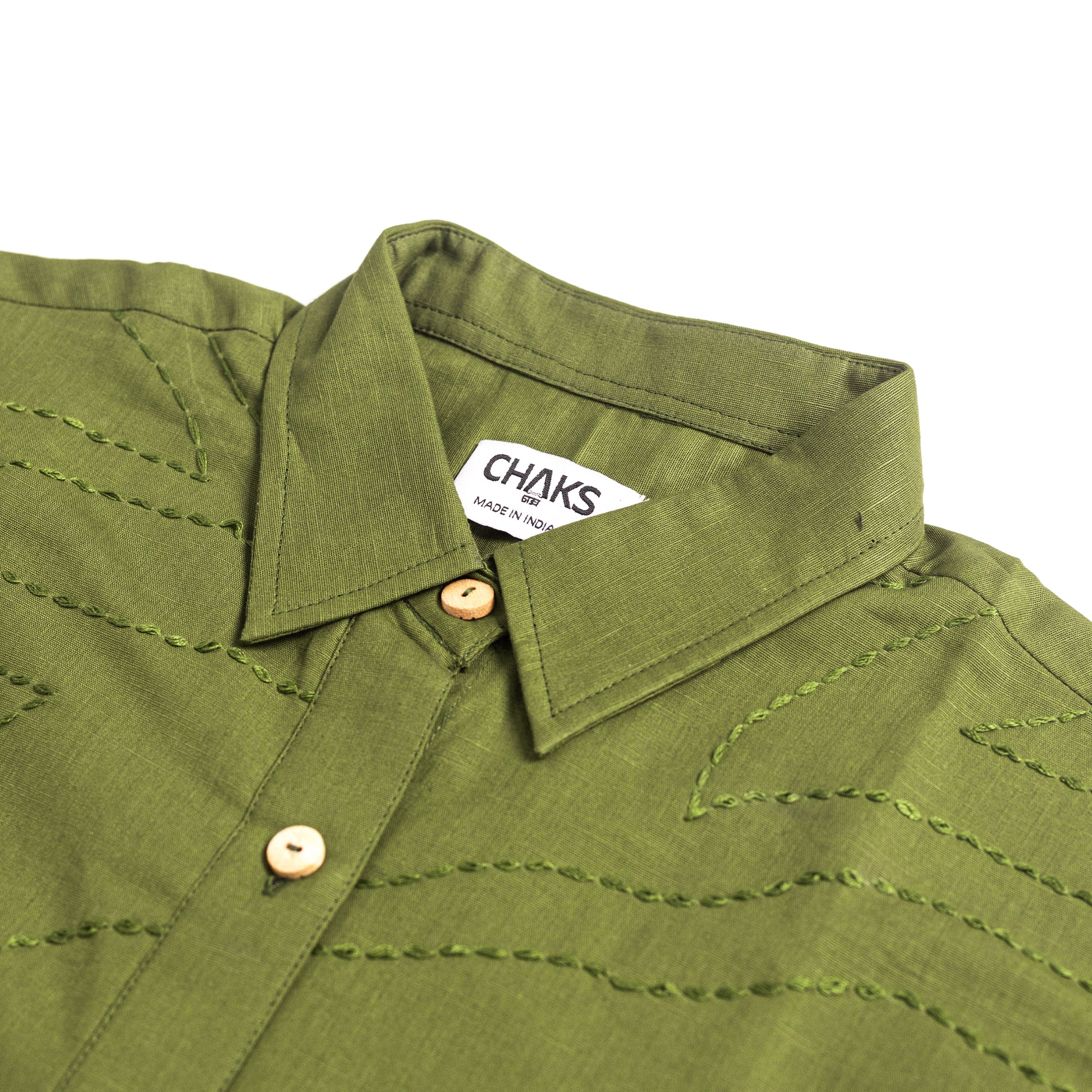 Saanjh Olive Green Kantha-stitched cotton-linen shirt – women’s relaxed fit