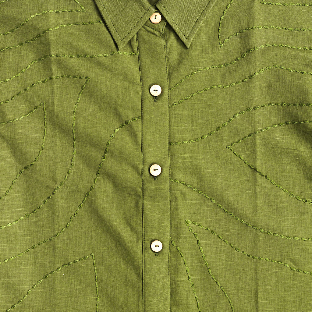 Saanjh Olive Green Kantha-stitched cotton-linen shirt 