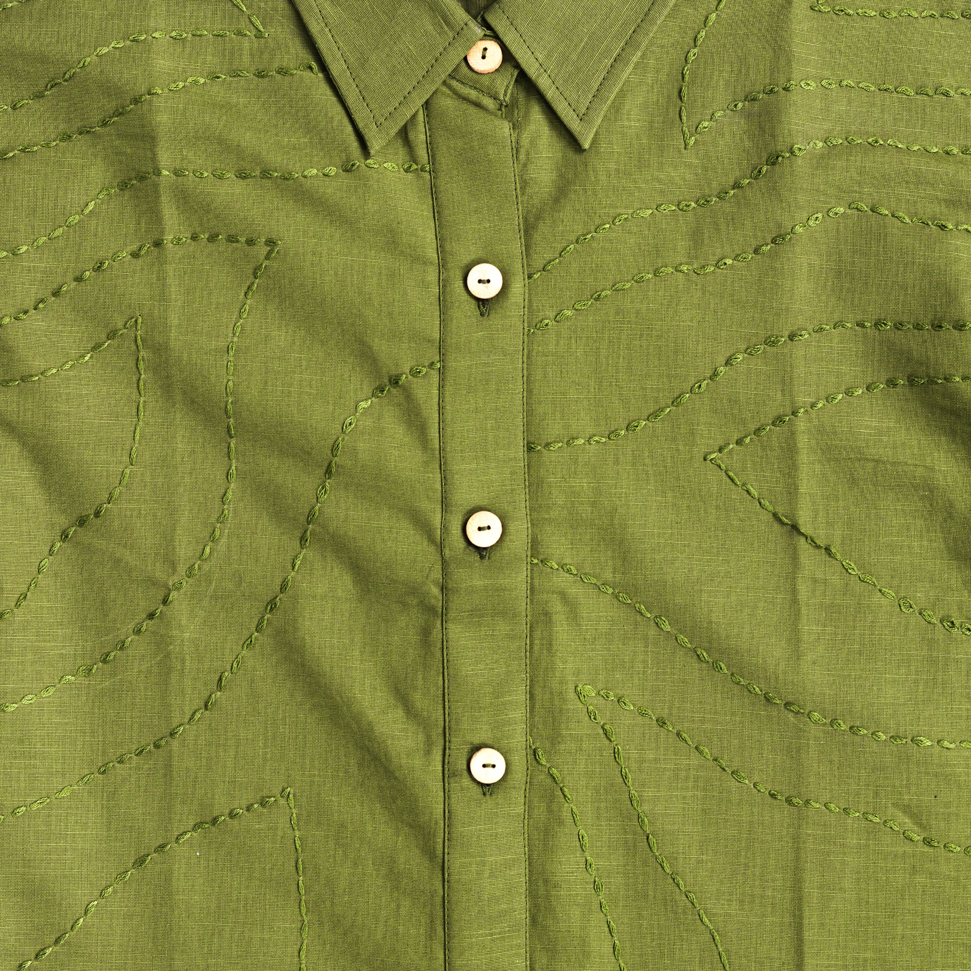 Saanjh Olive Green Kantha-stitched cotton-linen shirt 