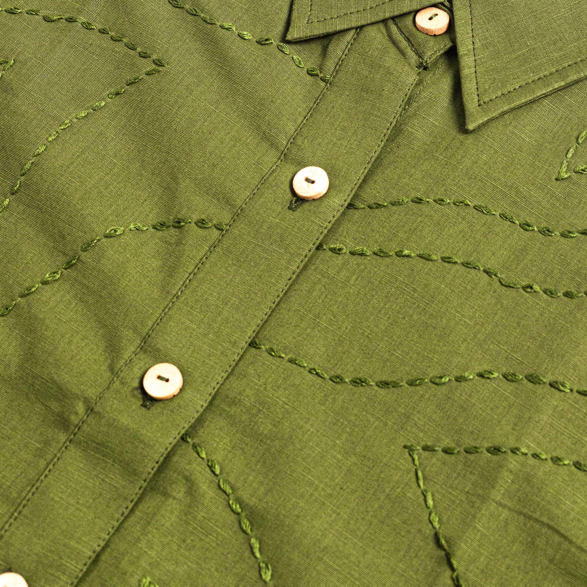 Saanjh Olive Green Kantha-stitched cotton-linen shirt 